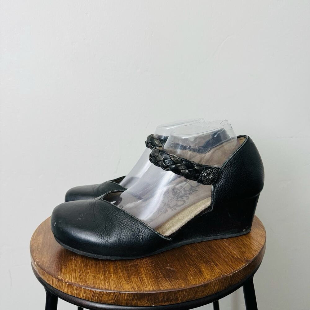 Aetrex Mia Black Leather Wedge Sandal Women’s Size 10